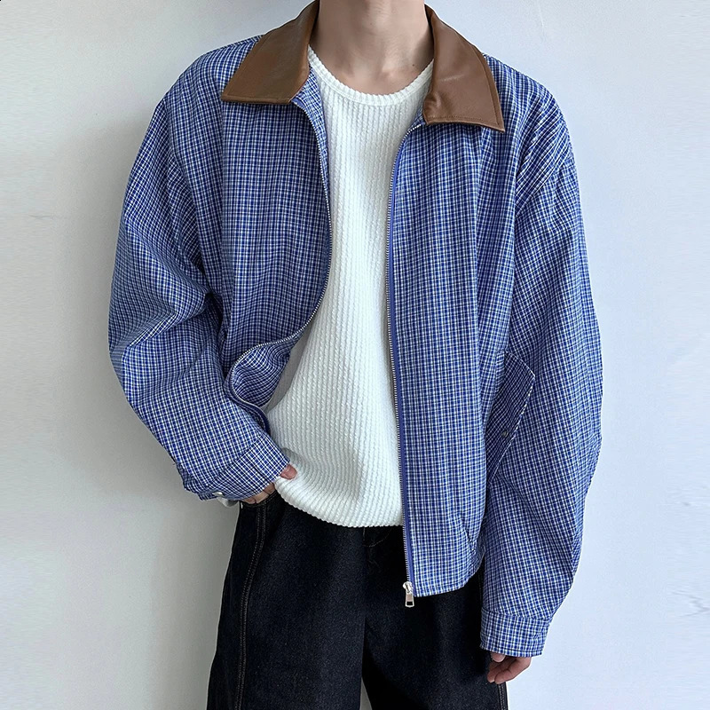 Mens Leisure High Street Blue Plaid Jacket Streetwear Turn-down Collar Korean Harajuku Clothes Long Sleeve Zipper Coats 240816