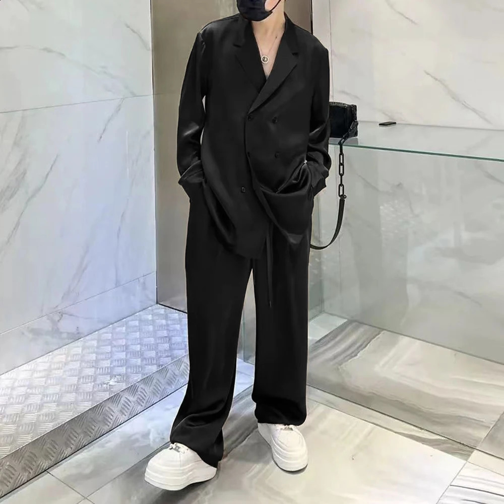 Mens casual suit wide leg pants autumn unisex fashion French solid color elegant two-piece set unisex satin free 240827