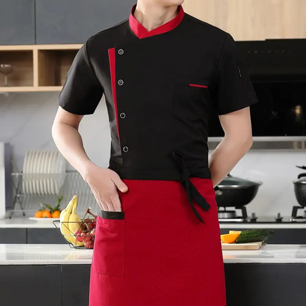 Sweat-wicking Chef Shirt el Kitchen Chef Uniform Set Hat Apron Shirt Unisex Stand Collar Short Sleeve Single-breasted 240816