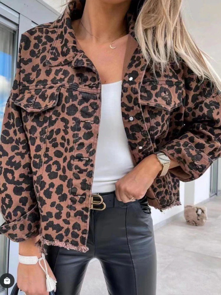 Leopard Print Denim For Women, Casual Retro Long Sleeve Loose Jean Jacket With Pockets B4