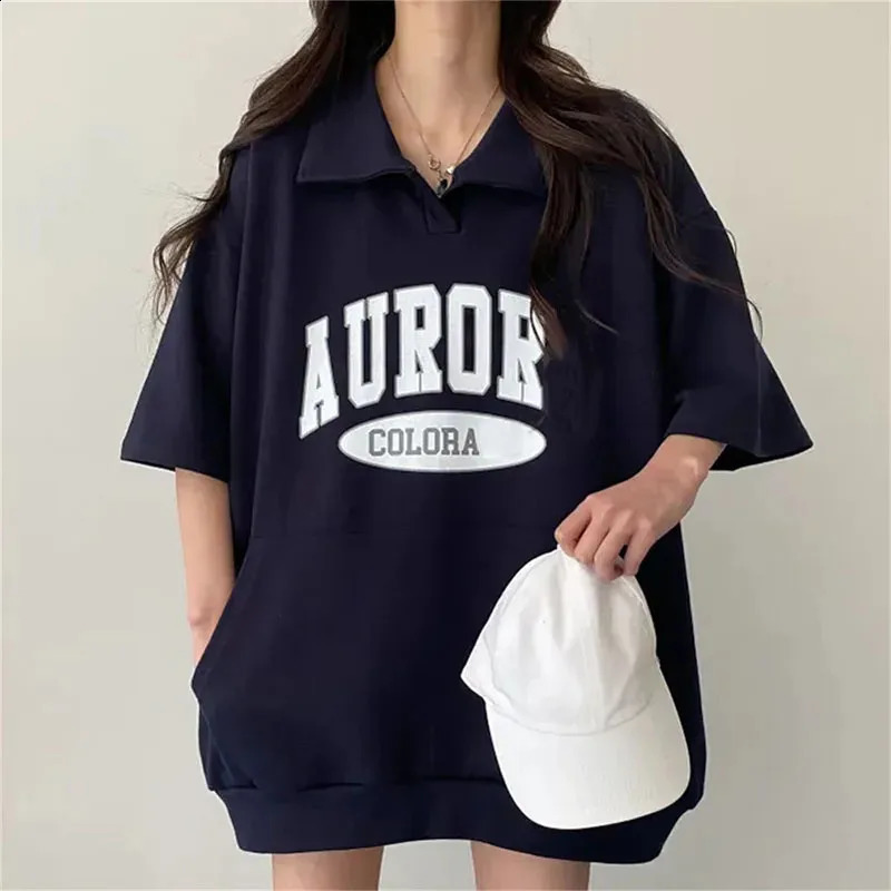 Summer womens short sleeved sportswear Harajuku streetwear fashion letter printing lapel hooded sweatshirt loose pull tab 240814