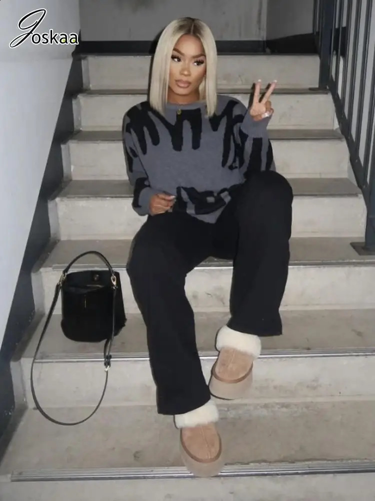 Joskaa Letter Jacquard Knitted Pullovers Women Casual O-Neck Long Sleeve Loose Sweaters Winter Chic Tops Y2K Streetwear 240816