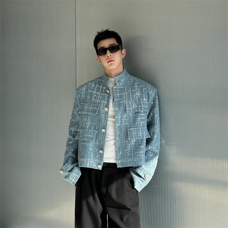 NOYMEI Denim Sequin Short Jacket Mens Fashion All-match Pockets Decoration Stand Collar Spring Korean Style Coat WA4033 240816
