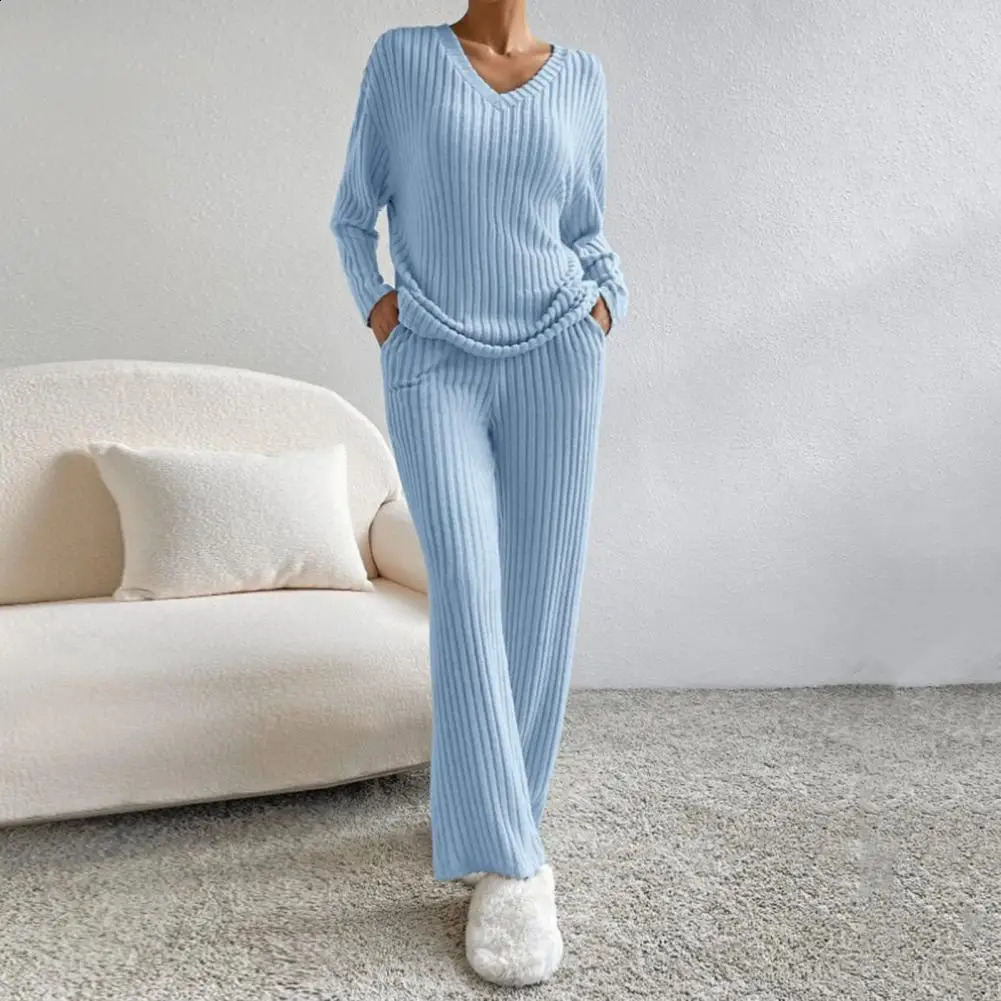 Autumn Winter V-neck Long Sleeve Side Slit Pullover Sweaterhigh Waist Wide Leg Pants Two Piece Set Women Casual Tracksuit 240809