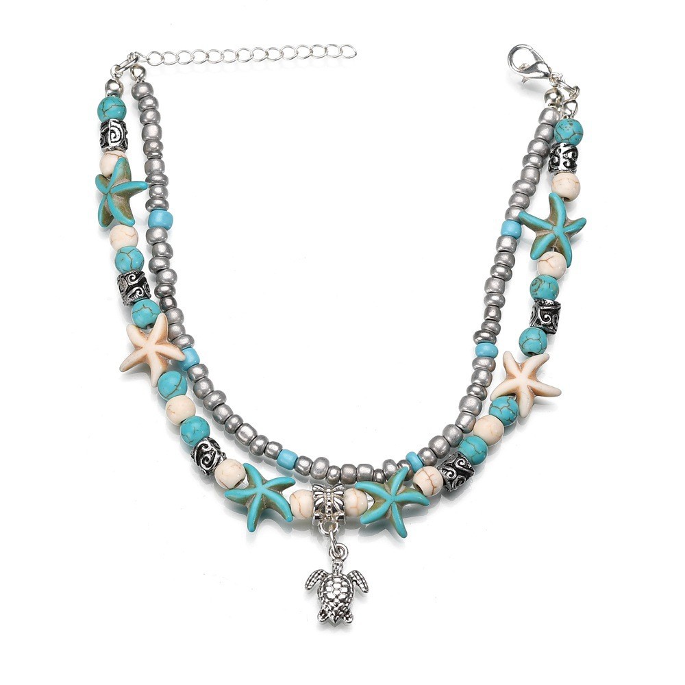 Vecute Multiple Layers Starfish Sea Turtle Shell Anklets For Women Vintage Boho Yoga Beads Chain Anklet Bracelet Foot Chain Beach Jewelry Gift