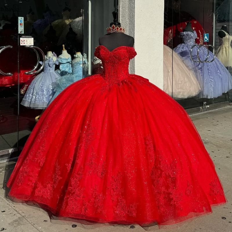 Mexico Red Off The Shoulder Quinceanera Ball Gown Applique Lace Bow Beaded Birthday Party Dress Sweet 16 vestidos de 15 anos