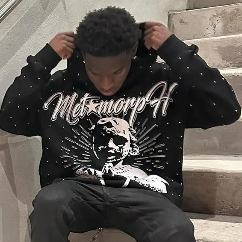 Rhinestone Hoodies Women Gothic Black Pullover Oversized Sweatshirts Female Retro Harajuku Hooded Jacket Y2K Streetwear Men Top 240816