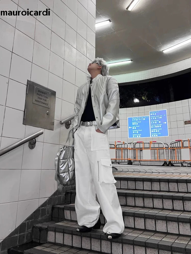 Mauroicardi Spring Autumn Cool Short Silver Faux Leather Jacket Men Shoulder Pads Y2K Streetwear Unisex Clothing 240809