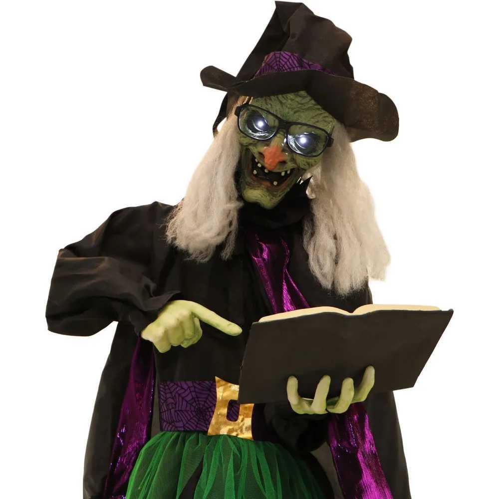 Halloween decoration - a life sized terrifying talking witch holding a magic book Halloween animation with touch activated light and batteryX240817