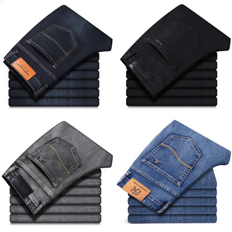 Mens Stretch Regular Fit Jeans Business Casual Classic Style Denim Black Blue Grey Pants w240816