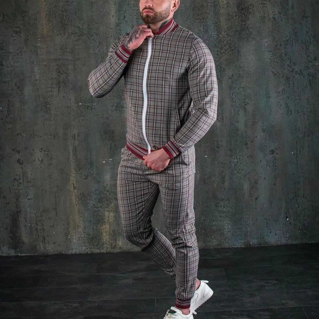 Gentleman Plaid Mens Tracksuit Sets Casual Zipper Jacket Coat Sports Suit High Quality 3D Print Fashion 2-Piece Men Clothes 240821