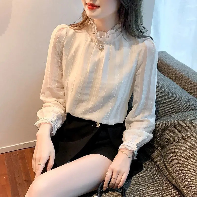 Womens fashionable retro pleated bead sweet shirt elegant and unique stand up collar chiffon womens casual long sleeved solid top 240814