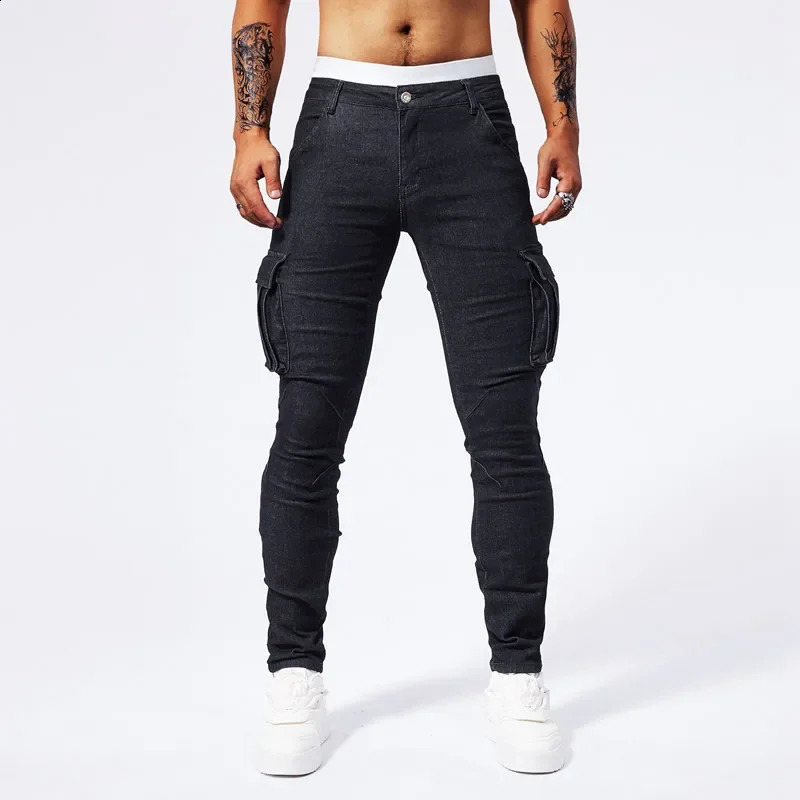 Slim Fit Large Pocket Jeans Cargo Pants for Men Fashionable Casual Hip Hop Stretch Denim Long Pants Male Streetwear Track Pants 240814