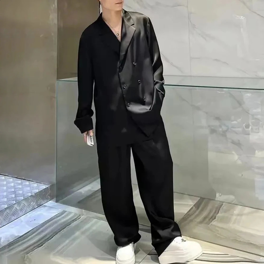 Mens casual suit wide leg pants autumn unisex fashion French solid color elegant two-piece set unisex satin free 240827