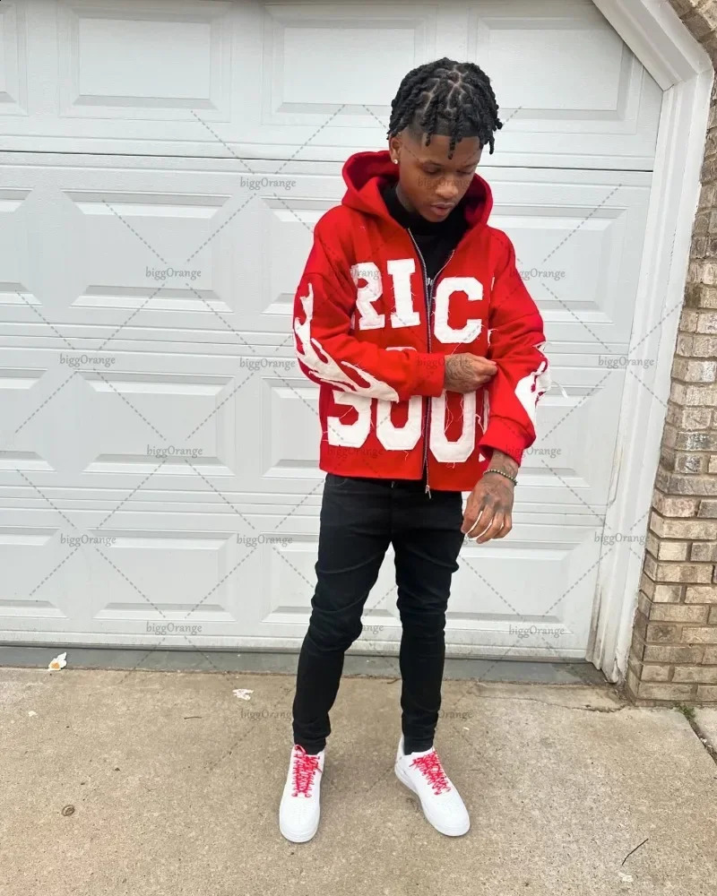 European and American Harajuku Retro Jacket Letter Embroidered Zipper Sweatshirt Men Fashion Versatile Oversized Hoodie Women 240809