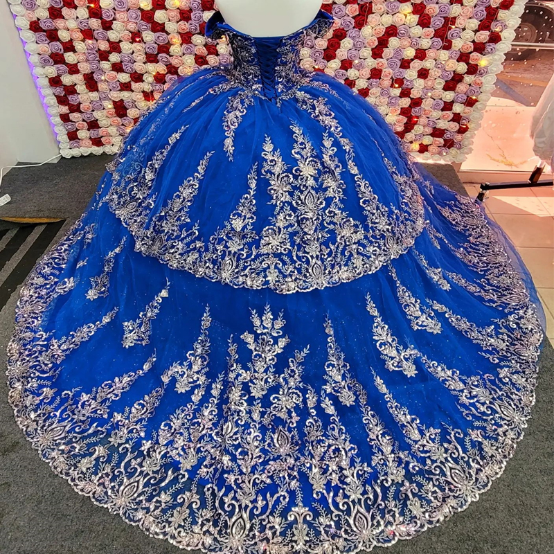 Royal Blue Shiny Quinceanera Dress Ball Gown Off The Shoulder Lace Applique Beading Tull Corset Sweet 16 Vestidos De 15 Anos