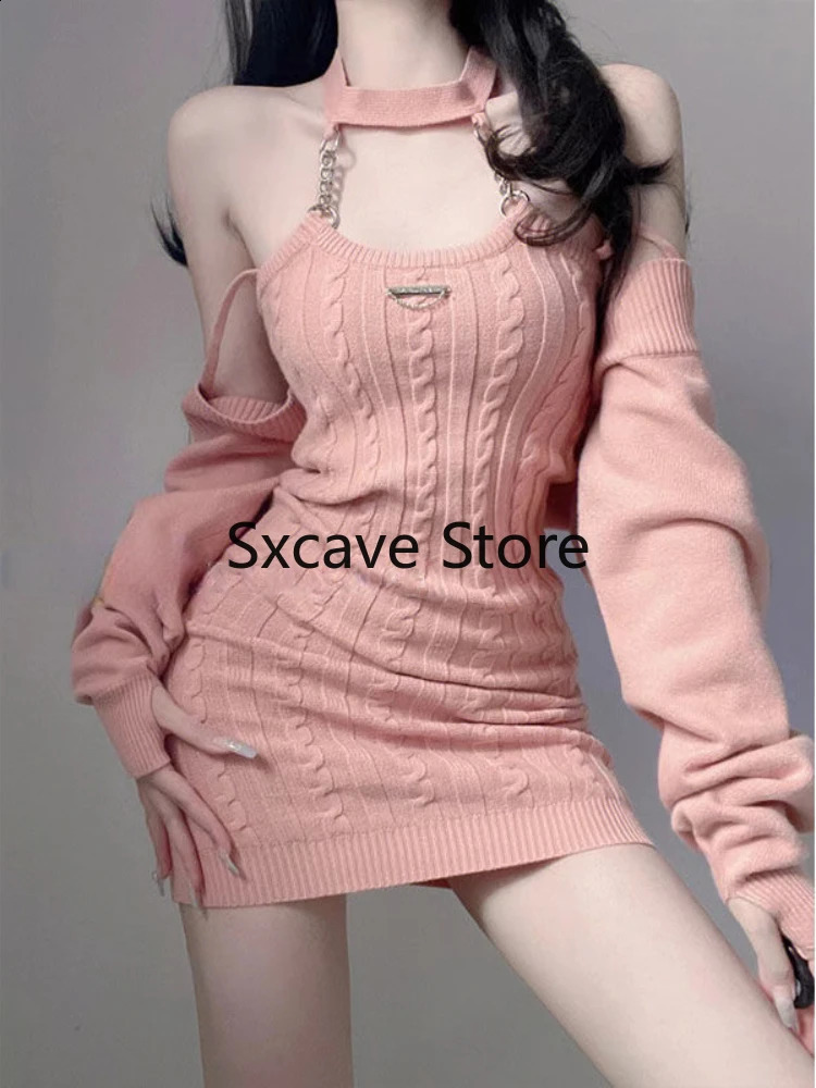Autumn Pink Knitted Suits Office Lady Casual Y2k Crop Tops Mini Dress Korea Fashion Clothing Even Party 2 Piece Dress Set 240816