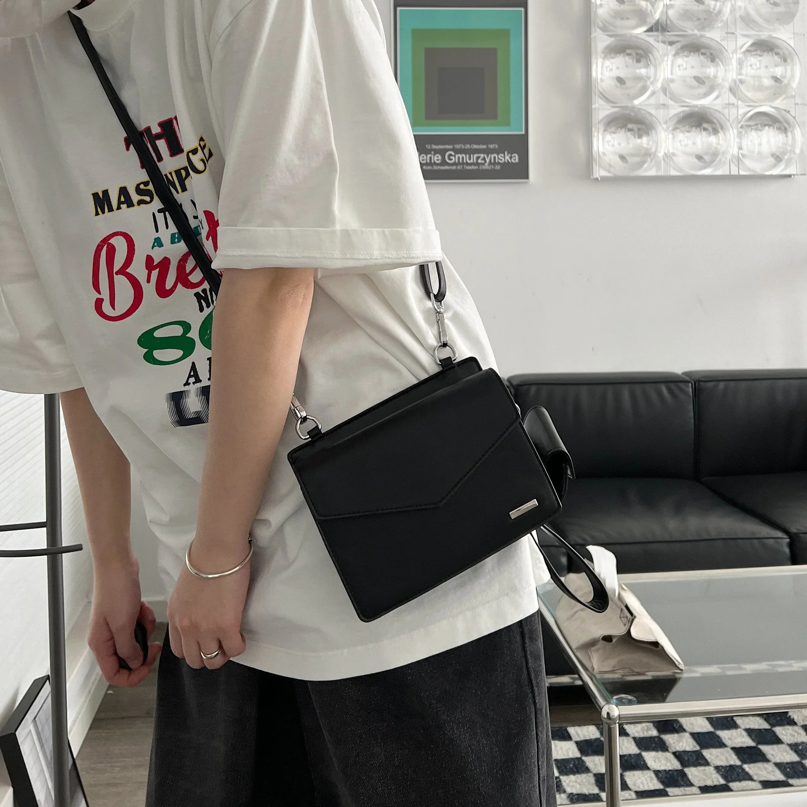 Vintage Man Small Square Bag Solid Black Shoulder with Coin Purse 2023 Leather Flip Messenger Bags box 2pcs Set 240816Z