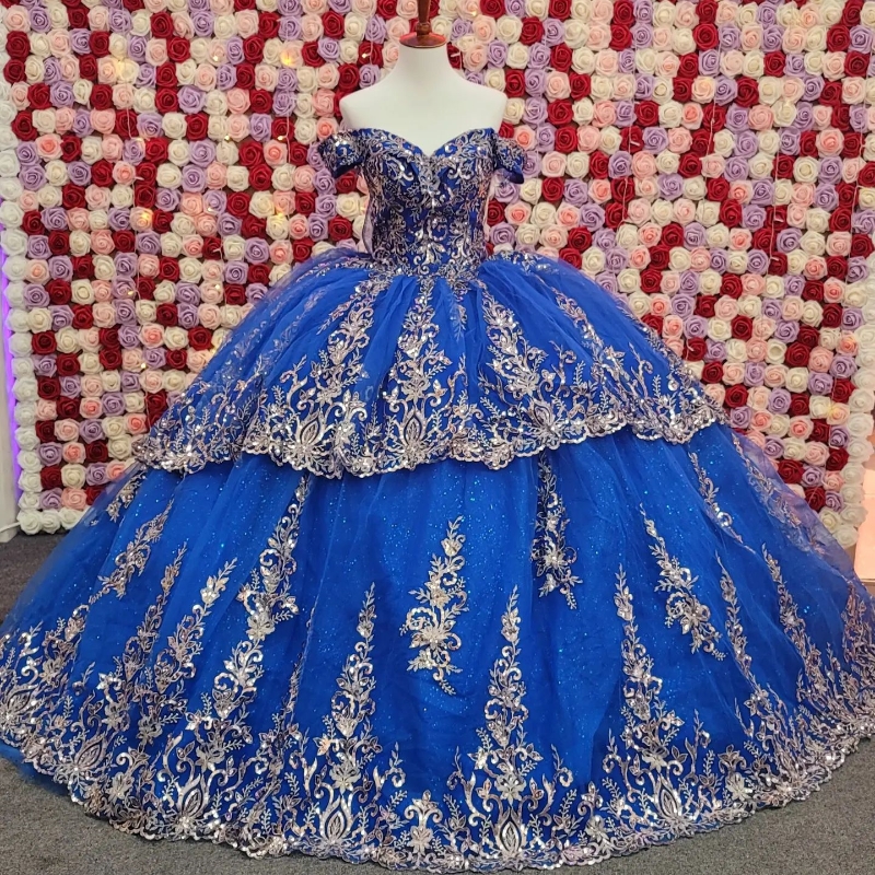 Royal Blue Shiny Quinceanera Dress Ball Gown Off The Shoulder Lace Applique Beading Tull Corset Sweet 16 Vestidos De 15 Anos