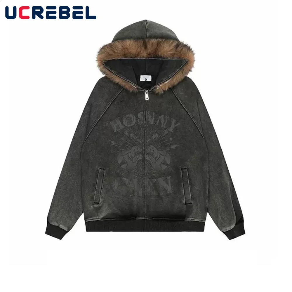 Printed hooded jacket mens autumn wash Distressed Rock High Street loose long sleeved zipper flying 240816