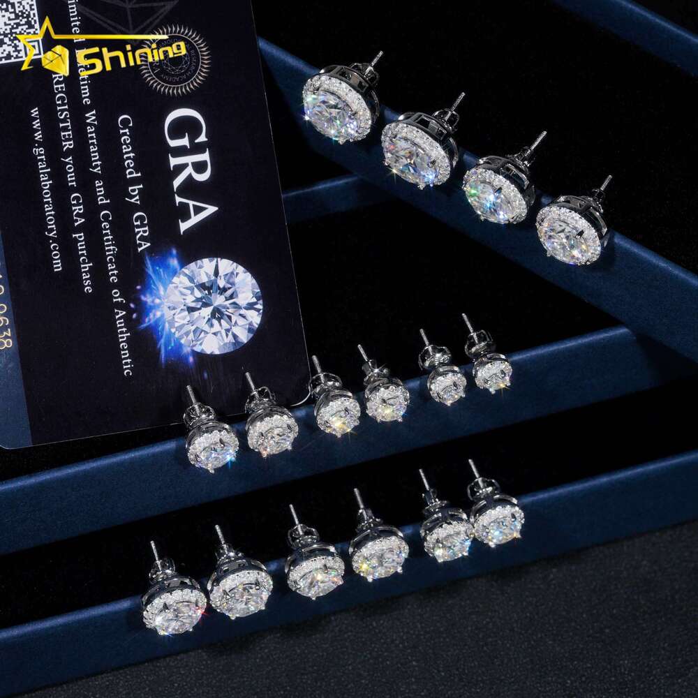 Hot Selg Hip Hop Style 6.5MM 8MM 9MM Sier Halo Design Moissanite Elegant Dazzg Dia Stud Earrings