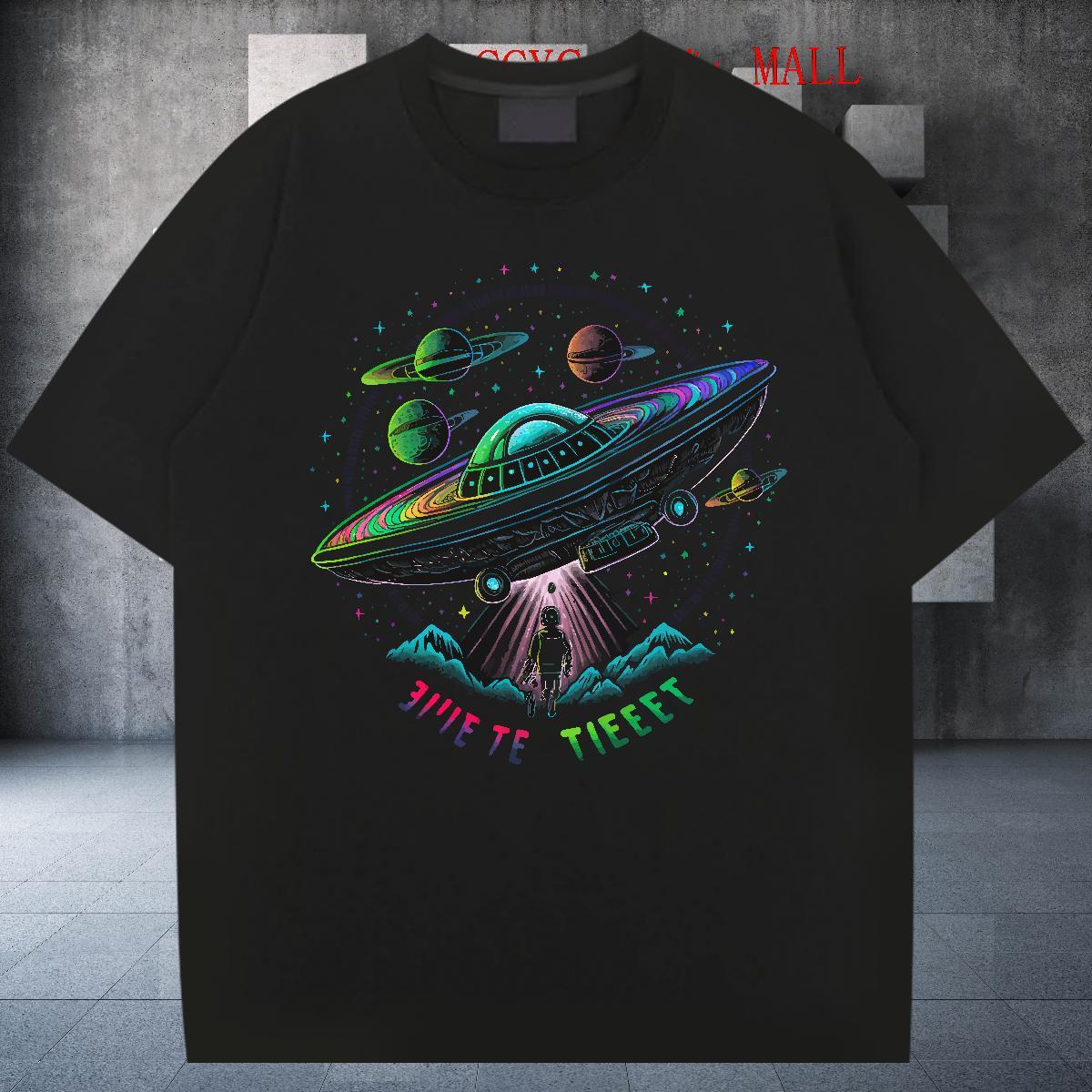 TOP Quality T-Shirts for Men 230g Cotton UFO Summer Casual Plus Size Cartoon Crew Neck Breathable Tshirts Fashion Tops