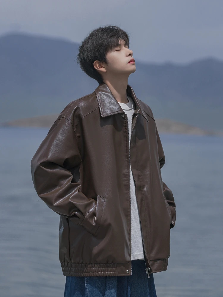 Jackets Men American Retro Y2k Pu-leather High Street All-match Fashion Hipster Overcoats Simple Harajuku Youthful Long Sleeve 240809