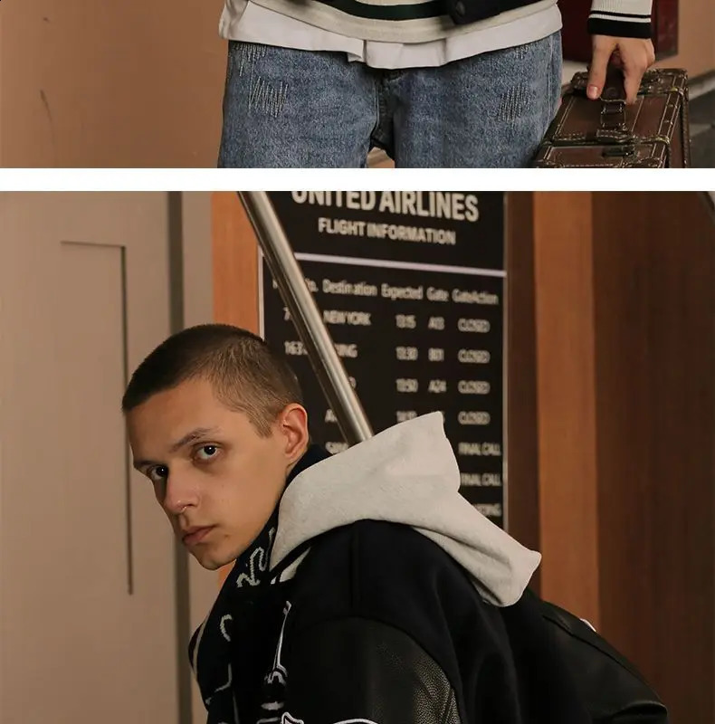 Mens American style heavily embroidered jacket Y2K retro baseball uniform black personalized spring and autumn wool leather 240809