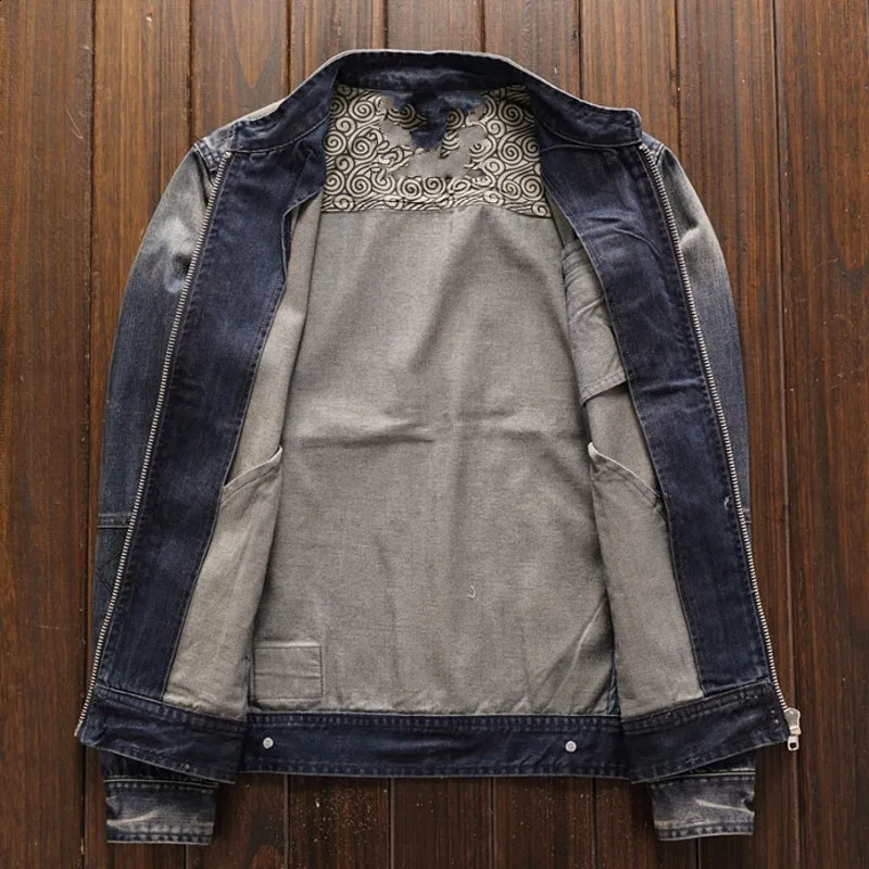 High quality mens long sleeved Oneck zipper flying denim jacket fashionable retro motorcycle loose fit plus size 240816