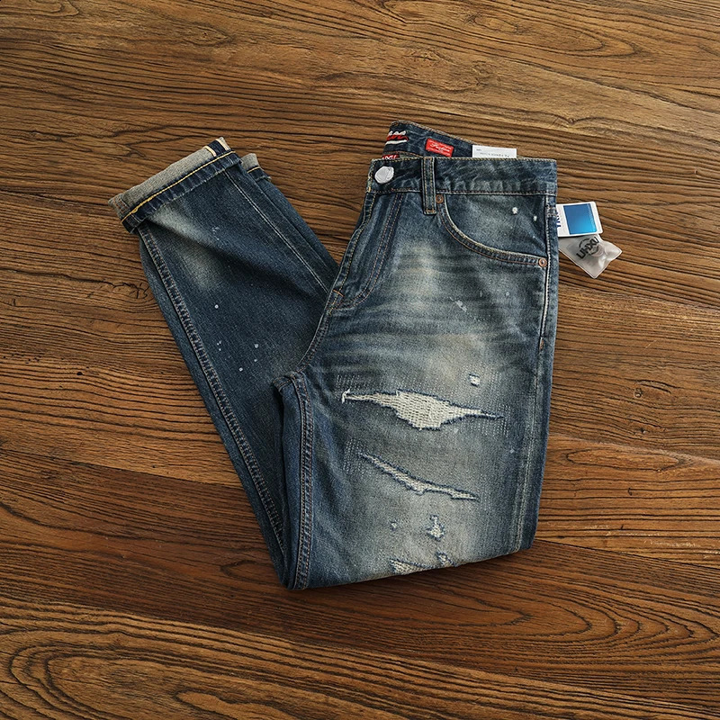 Red Selvedge Denim Jeans for Men High Quality 125oz Tapered Straight Pants Distressed Patch American Vintage Y2k Cityboys 512 240816