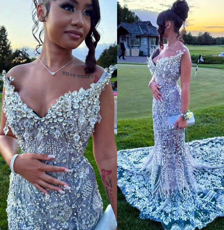 2024 Silver Mermaid Prom Evening Dress Rhinestons Beaded Promdress Fulllace Party Formal Birthday Second Gowns Dresses For Special Occasions