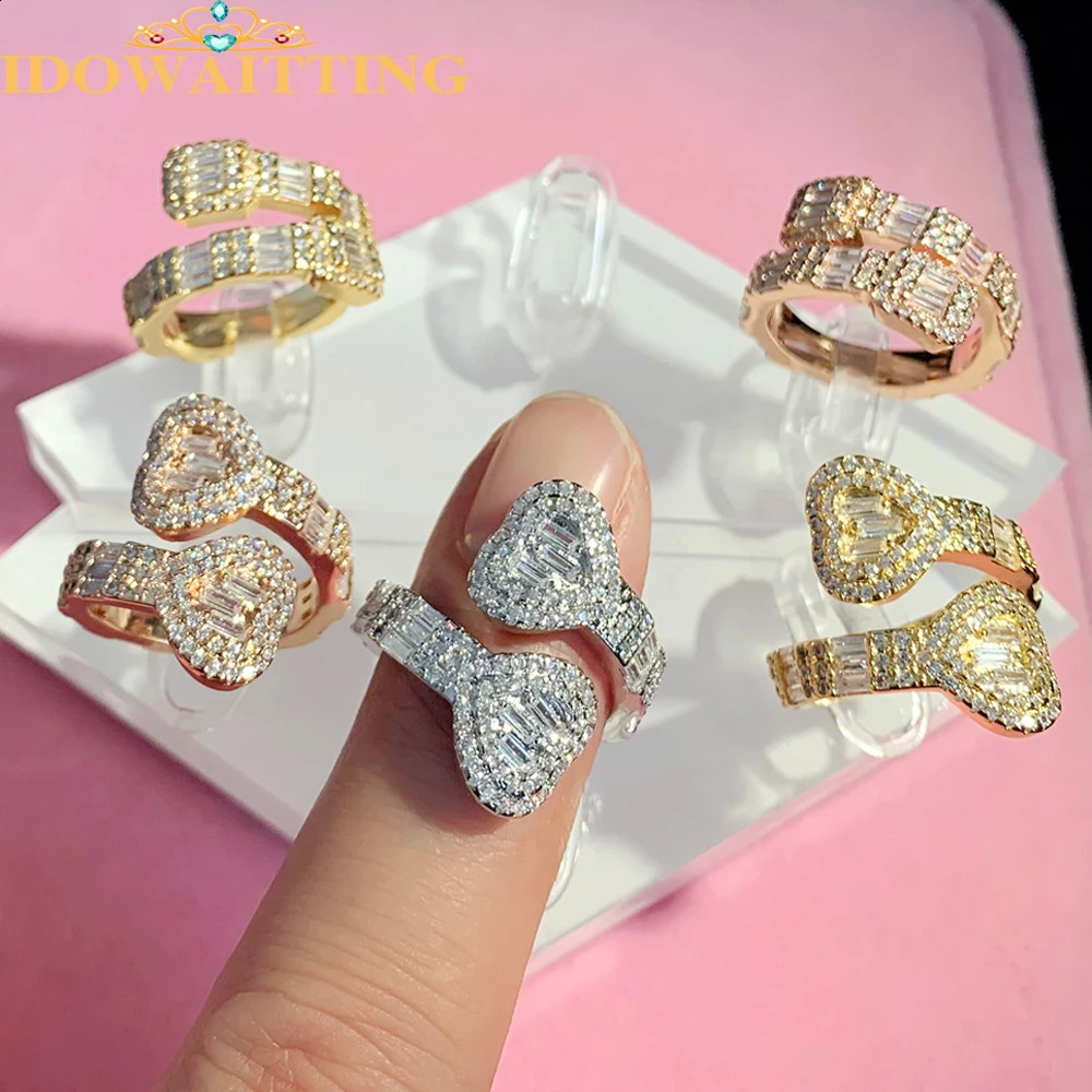 Full Paved Bling Cubic Zirconia Open Heart Rings Iced Out CZ Double Heart Staple Charm Adjusted Hip Hop Finger Jewelry For Women 240813