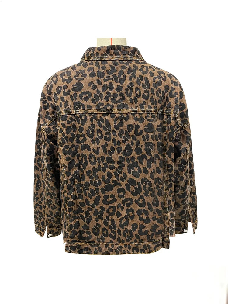Leopard Print Denim For Women, Casual Retro Long Sleeve Loose Jean Jacket With Pockets B4
