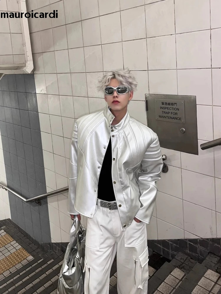 Mauroicardi Spring Autumn Cool Short Silver Faux Leather Jacket Men Shoulder Pads Y2K Streetwear Unisex Clothing 240809