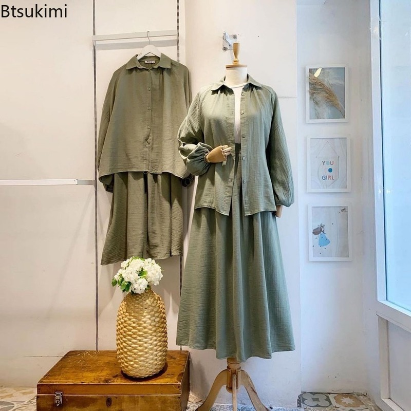 Spring Womens Half Skirt Set Fashion Fluffy Sleeve Shirt and Long Retro Casual Two Piece Muslim 240816
