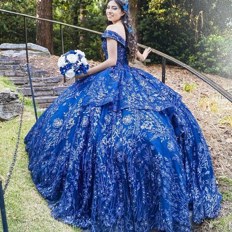 Navy Blue Quinceanera Sweet 16 Dress Princess Gown Applique Beading Sequined Birthday Party Prom Dresses Vestido De 15 Anos