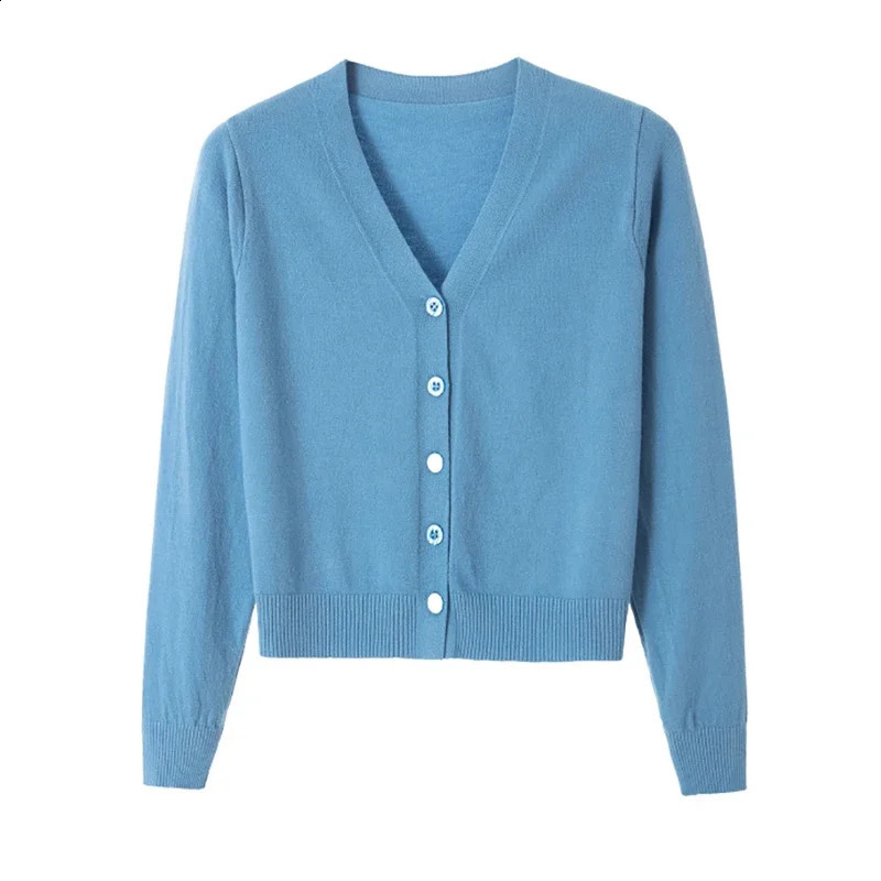 Sweater knitted cardigan button jacket autumn winter long sleeve casual short tops for women sweater Grey White 240819