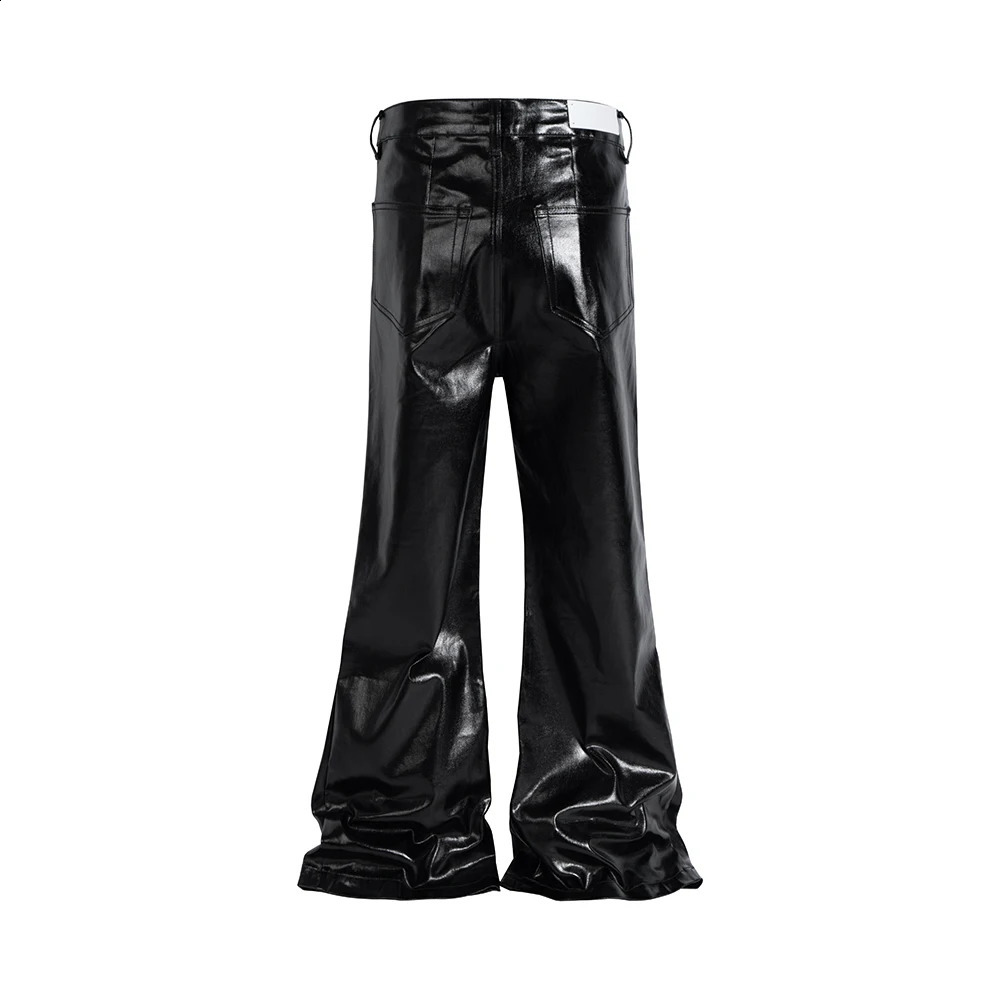 High Street Wide Leg Glossy Pu Leather Pants Sashes Boot Cut Men and Wome Straight Baggy Casual Jeans Oversized Flared Trousers 240816