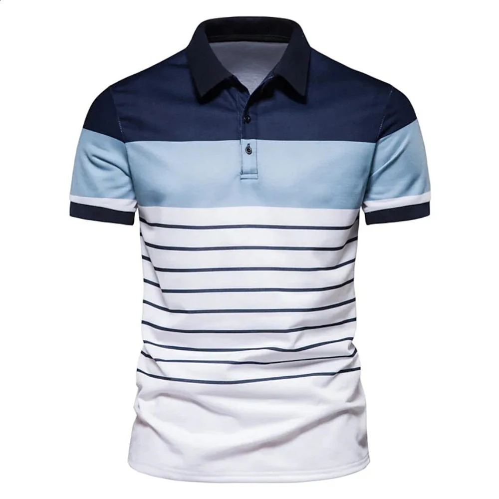 Business Casual Mens Polo T Shirt Simple Stripes Print Summer Short-Sleeve Polo Shirt Fashion Street Wear Oversized Clothes 240816
