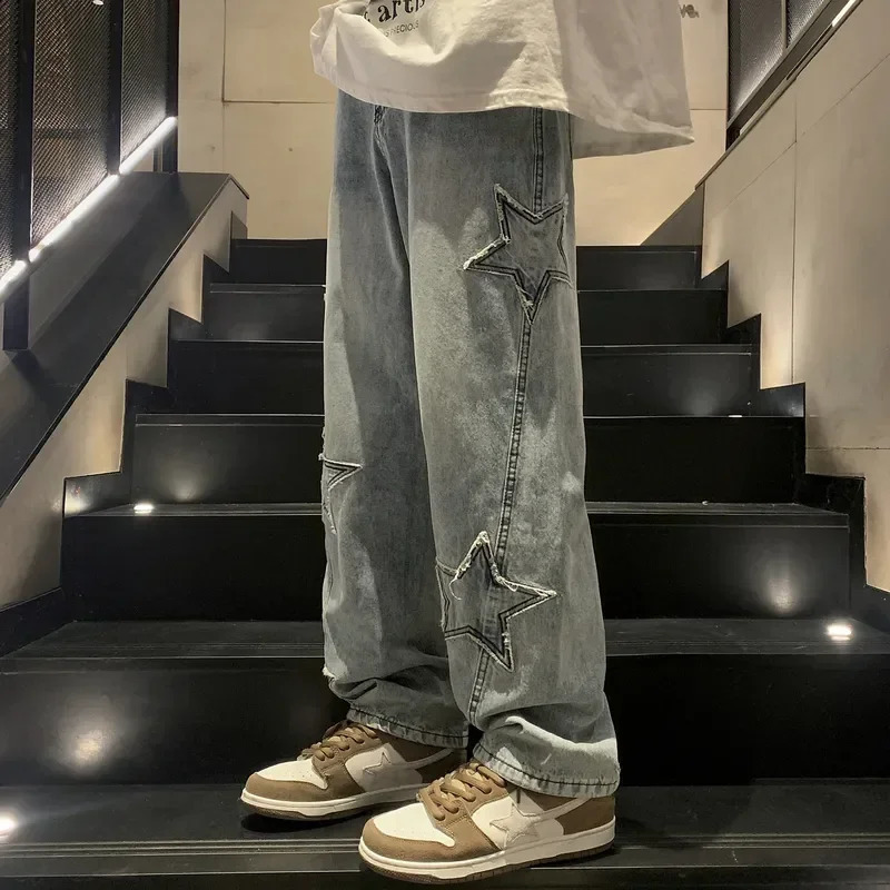 Star Embroidery Baggy Jeans Man Straight Fashion Casual Wide Pants Streetwear Youth High Street Hip Hop Male Denim Trousers 240819