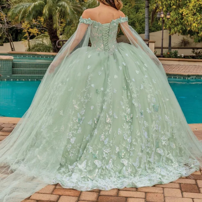 Sage Green Off The Shoulder Princess Quinceanera Dresses Ball Gown Classic Bow Lace Beads Sweet 16 Dress Vestidos 15 De Novia