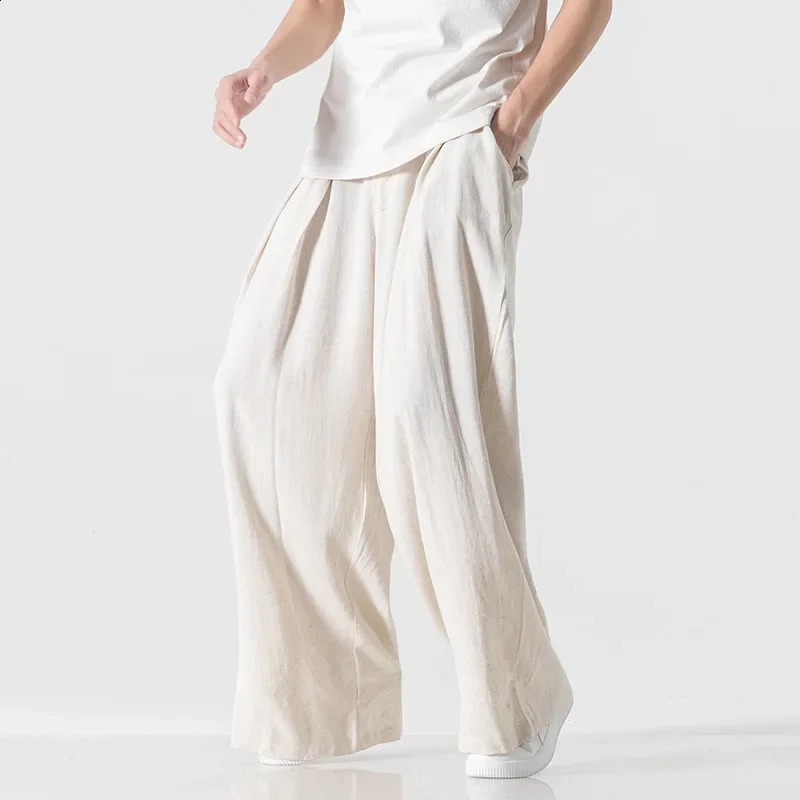 Hanfu Spirit Draped Linen Pants For Men Straight-leg Casual Trousers Chinese Style Loose-fit Ancient Wide-leg Song Trousers 240819