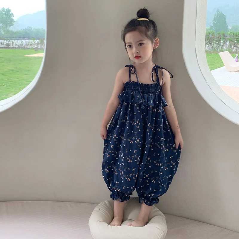 Summer girls floral lace jumpsuit girls sweet pine bud cross pants childrens top with shoulder straps W240806