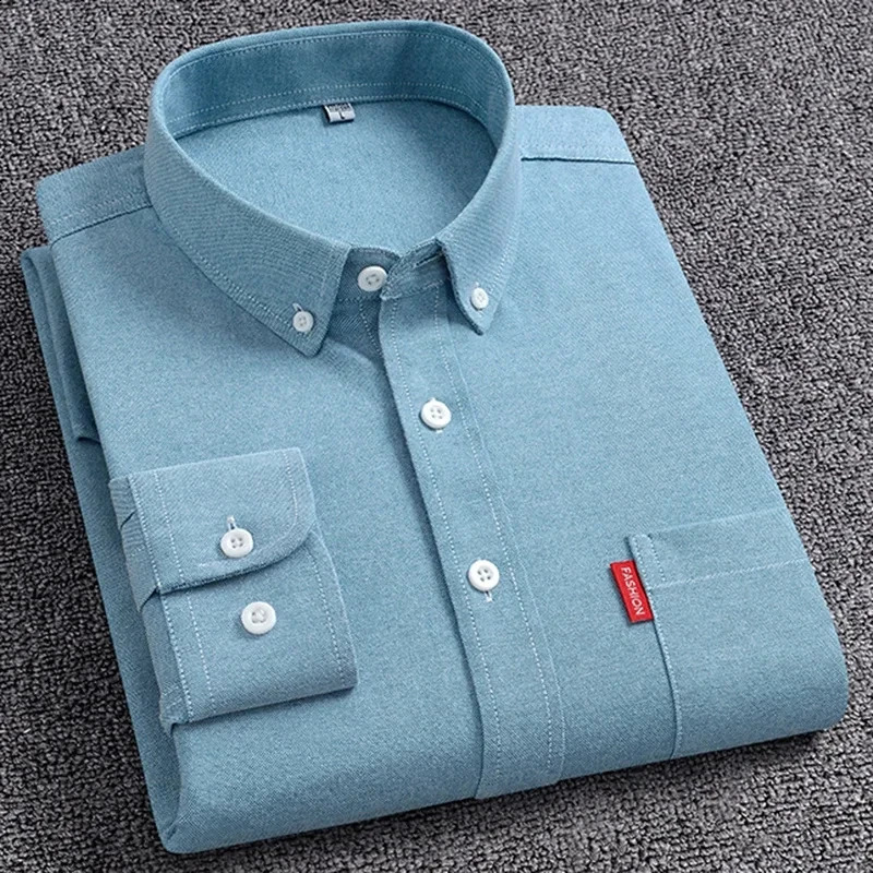 5XL Mens Oxford Long Sleeve Shirts 100% Cotton Solid Color Turn Down Collar Regular Fit Daily Men Clothing Button-down Shirts 240818