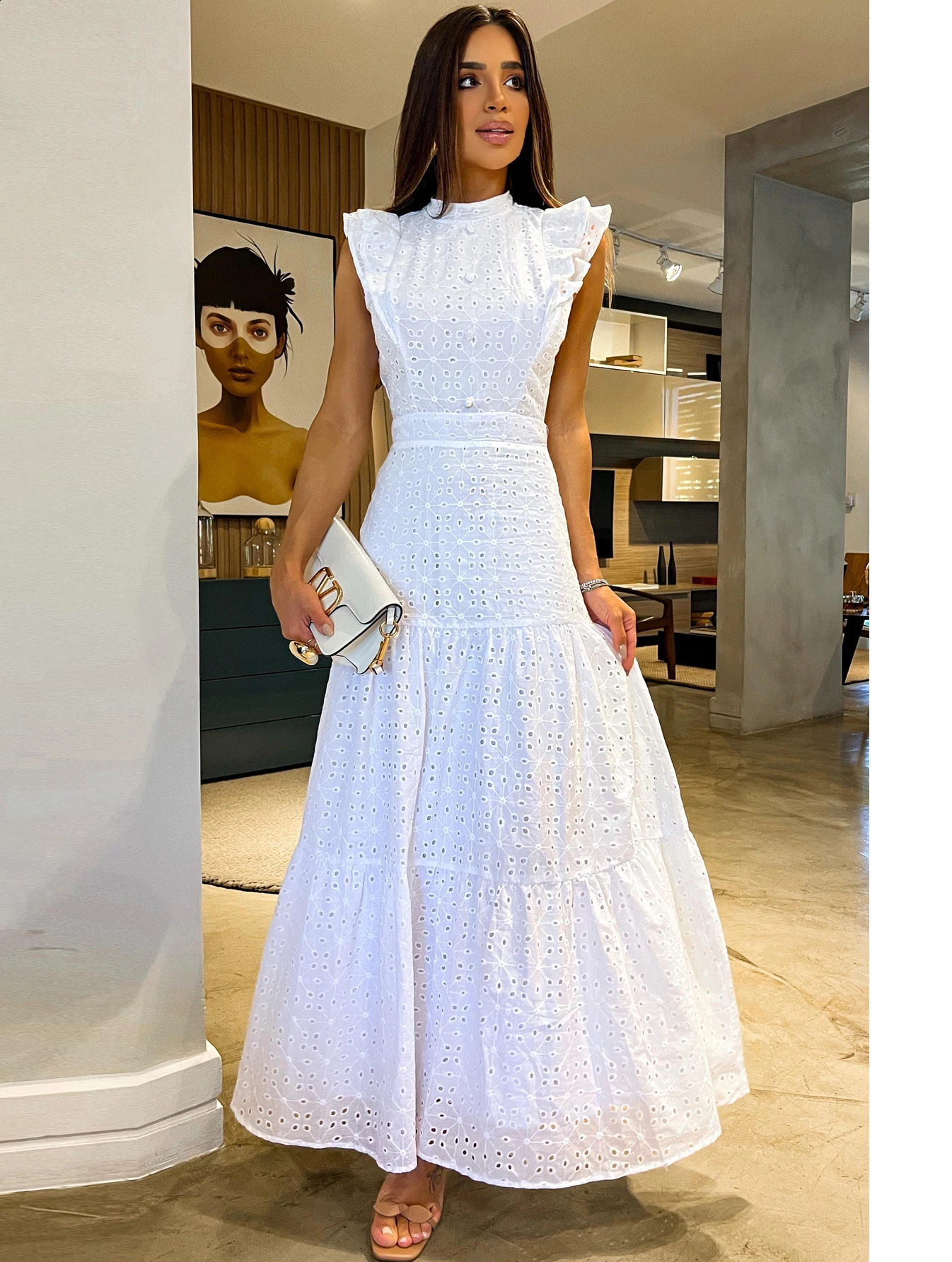 Bohemian Solid Hollow Out Elegant Women Dress O Neck Flying Sleeve Button Long Dress Summer Chic Casual Beach Women Clothing 240816