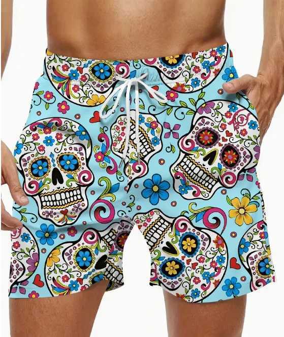 Mens Ethnic Style Skull Pattern Board Shorts With Drawstring Chic And Trendy Shorts For Summer Beach Holiday Leisurewear ShortsXJ240817