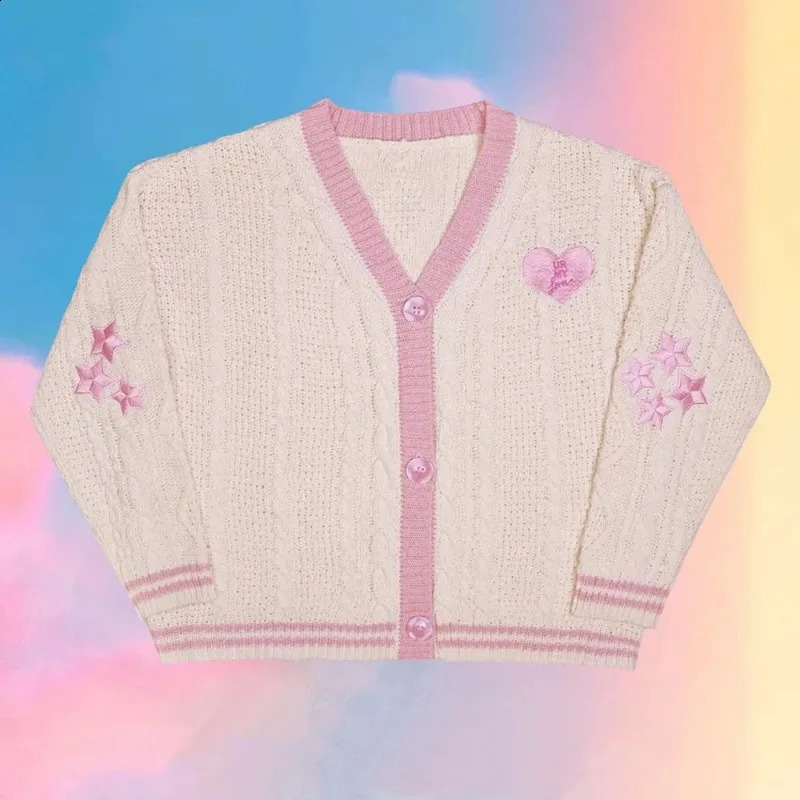Autumn Star Embroidery Lover Pink cotton knitted cardigan womens spring warm and loose sweater 240819