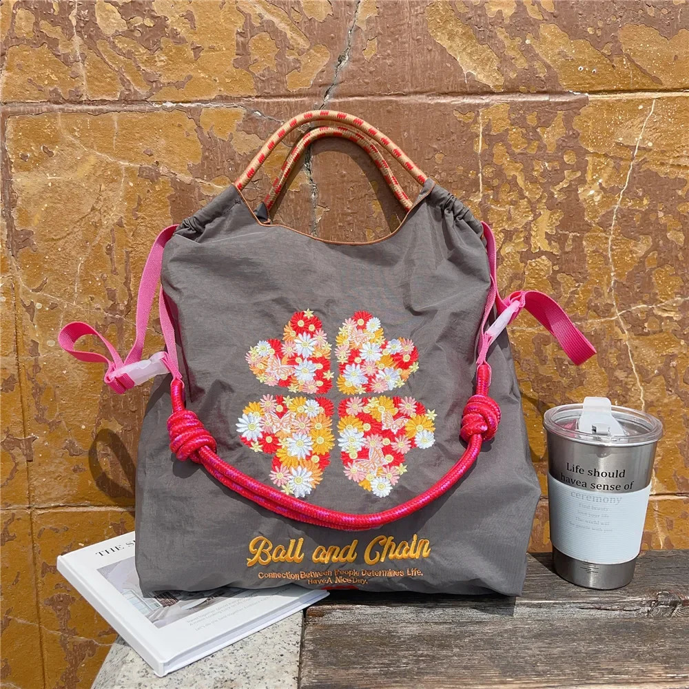 3 Overlarge Embroidery Shoulder er Eco Bags for Women Rope Handle Handbags Drawstring Bag Reusable Shopper Tote 240819 4