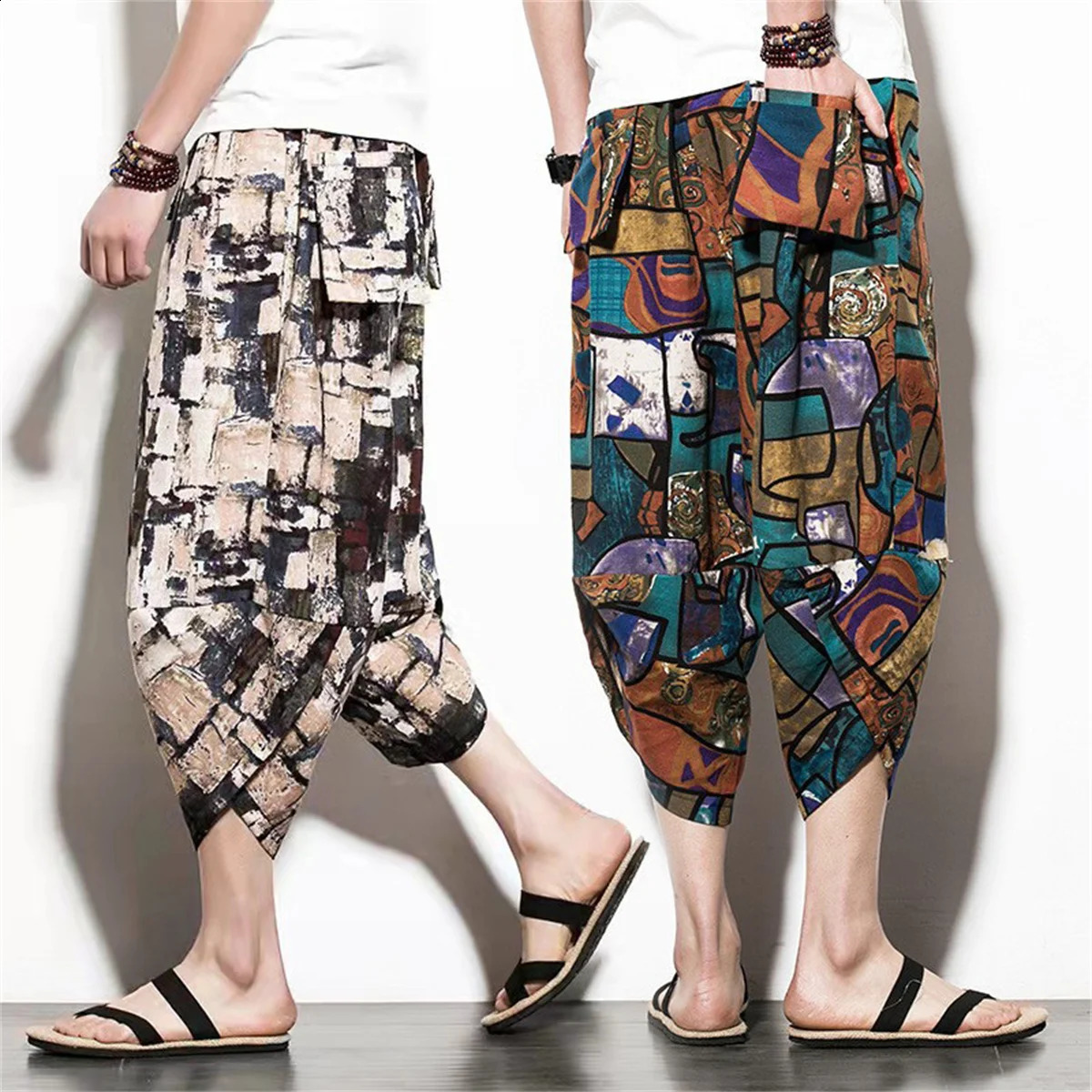 Harajuku Summer Loose Calf Length Casual Pants Men Wide Leg Cotton Linen Printing Pants Oversize Mens Trousers 240819