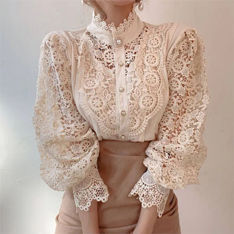 White lace shirt womens spring and autumn sexy long sleeved pearl button flower hollow blue transparent mesh top 240814